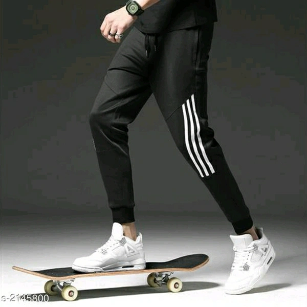 Black Polyester Track Pant (White Stripes) - M
