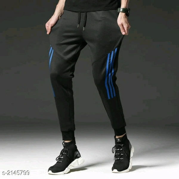 Black Polyester Track Pant (Blue Stripes) - XL