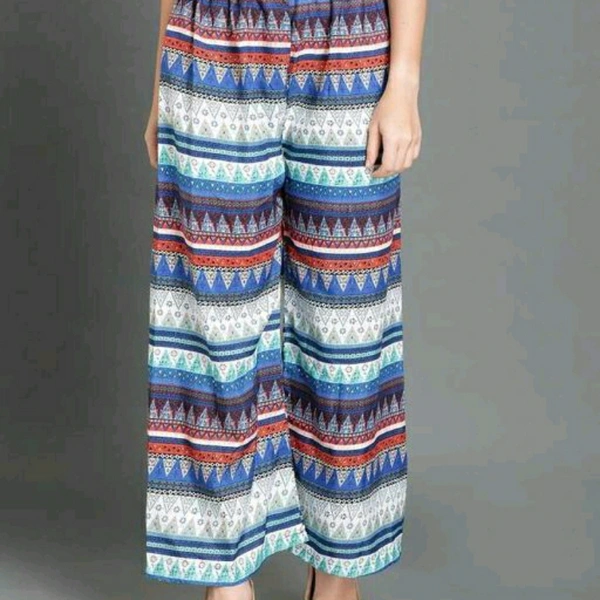 Blue Horizontal Stripe Pattern Crepe Palazzo For Women - 34