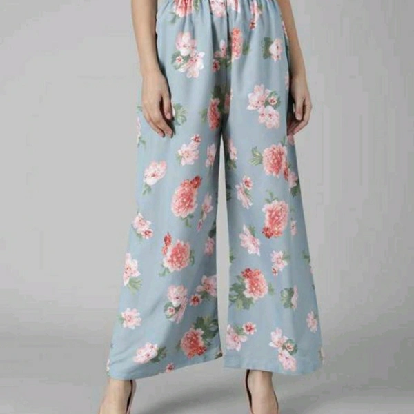Flower Printed Sky Blue Crepe Palazzo For Women - 30