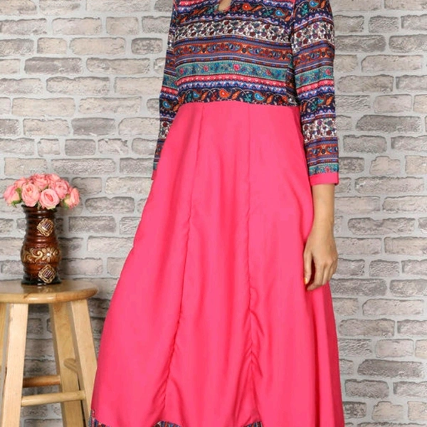 Crepe Flared Printed Pink Kurti - XL
