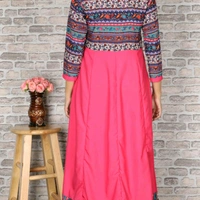 Crepe Flared Printed Pink Kurti - XL