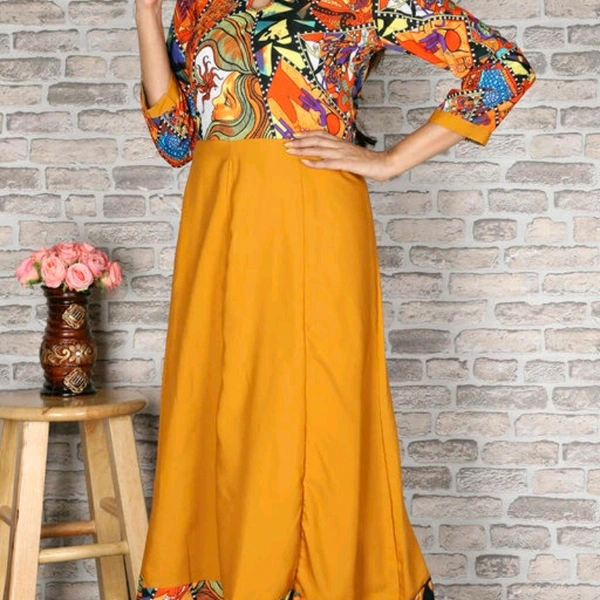 Crepe Flared Printed Yellow Kurti - L