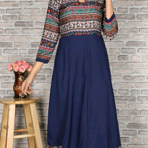 Crepe Flared Printed Blue Kurti With Patterns - S