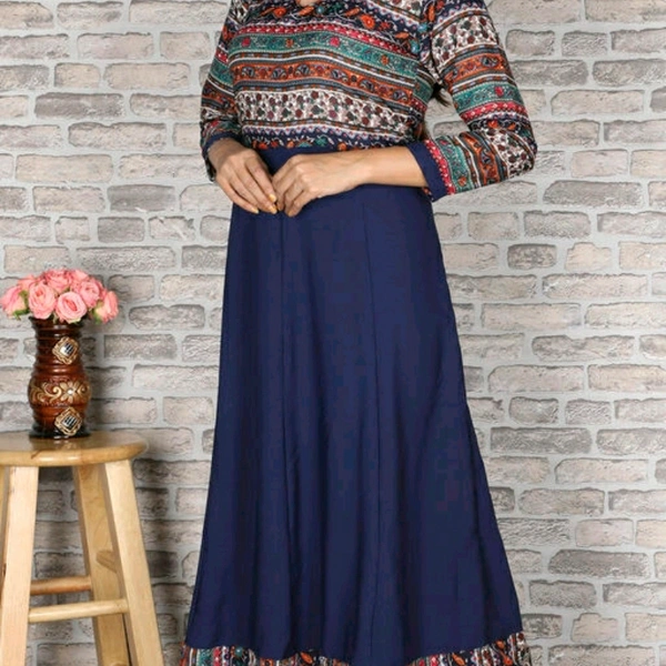 Crepe Flared Printed Blue Kurti With Patterns - M