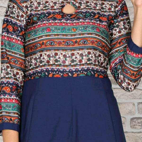 Crepe Flared Printed Blue Kurti With Patterns - M
