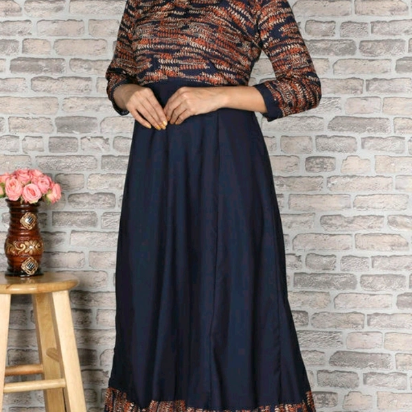 Crepe Flared Printed Dark Blue Anarkali Kurti - S