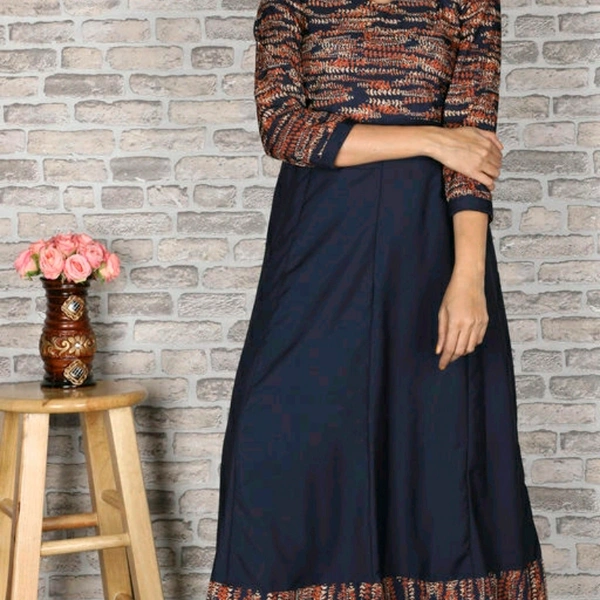 Crepe Flared Printed Dark Blue Anarkali Kurti - S