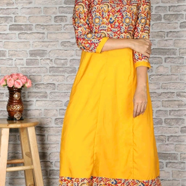 Crepe Flared Printed Yellow Kurti - XS