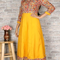 Crepe Flared Printed Yellow Kurti - XS