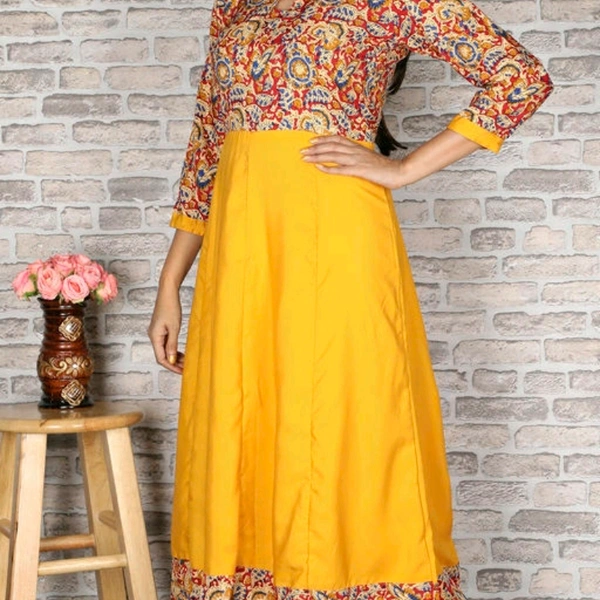 Crepe Flared Printed Yellow Kurti - XS