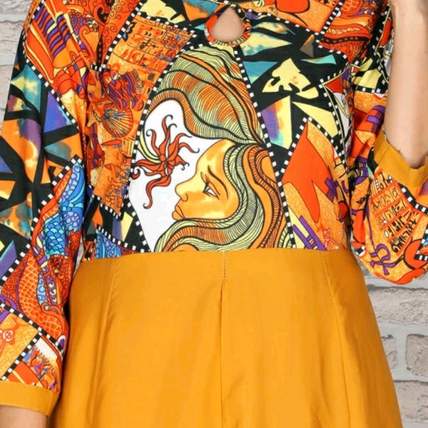 Crepe Flared Printed Mustard Kurti - S