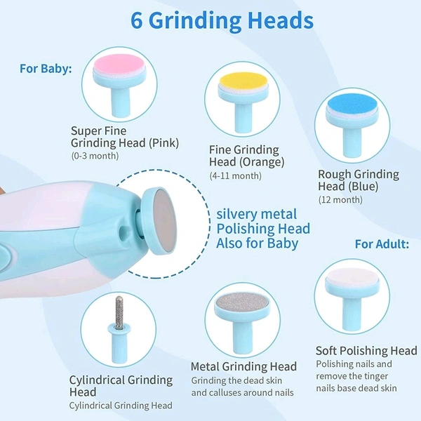 V-Care Baby Nail File Electric Trimmer Kit with Light and 5 Grinding Heads and 4 Speed Control Modes for Newborn, Kids, Adult Toes care, Polish and Fingernails - Blue, 16*9*9 cm