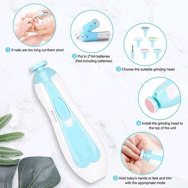 V-Care Baby Nail File Electric Trimmer Kit with Light and 5 Grinding Heads and 4 Speed Control Modes for Newborn, Kids, Adult Toes care, Polish and Fingernails - Blue, 16*9*9 cm