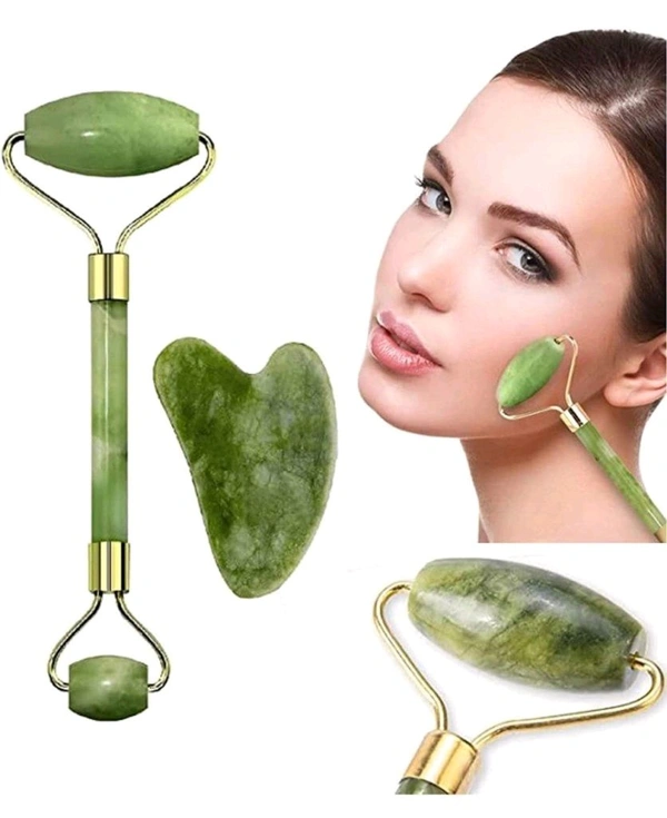 V-Care Marble Jade roller Face Massager Double Rollers Antiaging Face Eye Neck Foot Massage Tool Stimulating Blood Flow (Green) - Green, LxWxH : 14.5x4.5x2.1 cm