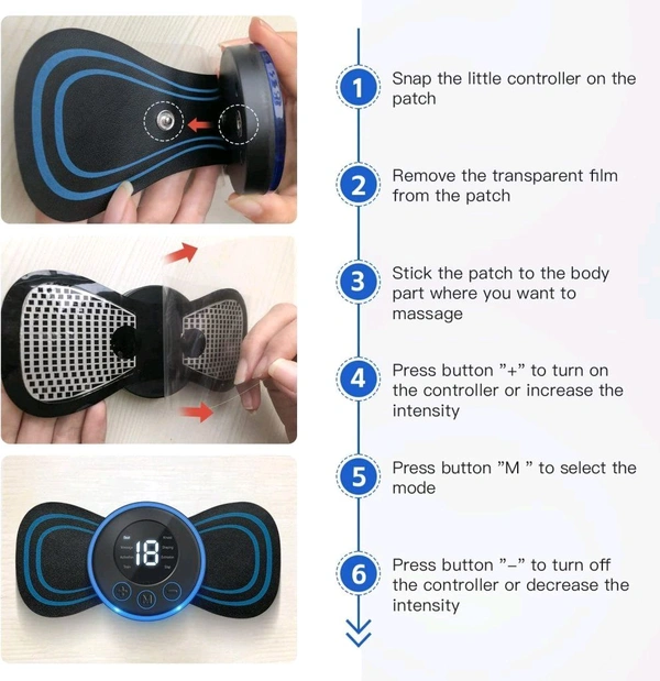 V-Care Body massager machine for pain relief wireless portable neck massager with 8 modes and 19 strength levels rechargeable full EMS mini massager butterfly massager for shoulder legs massage, neck & back massager. - Black, 16*9*2 cm