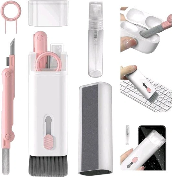 Smart Tech 7 in 1 Electronic Cleaner kit, Cleaning Kit for Monitor Keyboard Airpods MacBook iPad iPhone iPod, Screen Dust Brush Including Soft Sweep, Swipe, Airpod Cleaner Pen, Key Puller and Spray Bottle - Pink Lace, Free