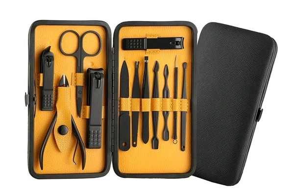 Unicorn Manicure Set Nail Clippers, 12 in 1 Stainless Steel Nail Scissors Grooming Kit with Peeling Knife, Nail Cleaning Knife, Acne needle, Blackhead Tool Leather Travel Case - Black, Free