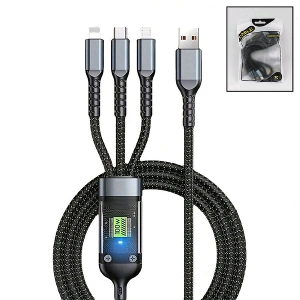 V-Tech 3-in-1 Super Fast Charging Cable 100w, Multifunctional Convenient Super Fast Charging Cable - Nylon Braided Cord, Silicone Zinc Alloy 3 Head Charging Cable
