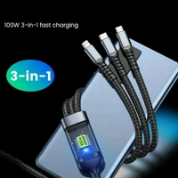V-Tech 3-in-1 Super Fast Charging Cable 100w, Multifunctional Convenient Super Fast Charging Cable - Nylon Braided Cord, Silicone Zinc Alloy 3 Head Charging Cable
