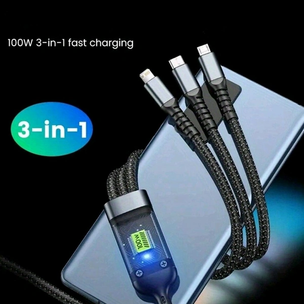 V-Tech 3-in-1 Super Fast Charging Cable 100w, Multifunctional Convenient Super Fast Charging Cable - Nylon Braided Cord, Silicone Zinc Alloy 3 Head Charging Cable