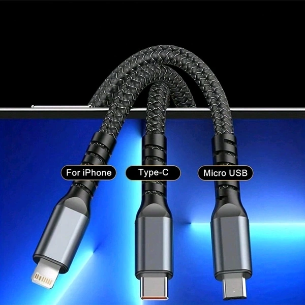 V-Tech 3-in-1 Super Fast Charging Cable 100w, Multifunctional Convenient Super Fast Charging Cable - Nylon Braided Cord, Silicone Zinc Alloy 3 Head Charging Cable