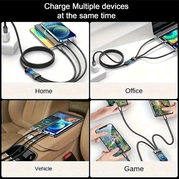 V-Tech 3-in-1 Super Fast Charging Cable 100w, Multifunctional Convenient Super Fast Charging Cable - Nylon Braided Cord, Silicone Zinc Alloy 3 Head Charging Cable