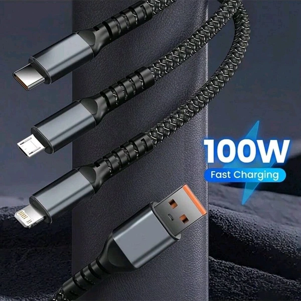 V-Tech 3-in-1 Super Fast Charging Cable 100w, Multifunctional Convenient Super Fast Charging Cable - Nylon Braided Cord, Silicone Zinc Alloy 3 Head Charging Cable