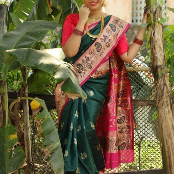 Soft Lichi Silk Saree - green, free