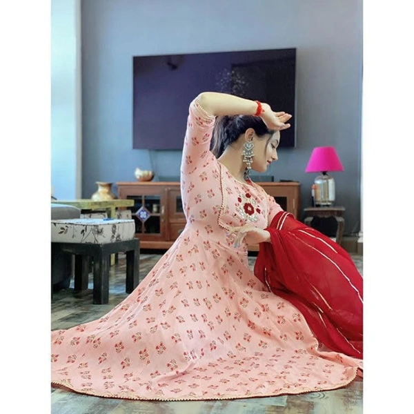 Heavy Cotton Silk Digital Print Gown - light pink, upto XXL