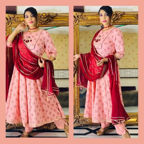 Heavy Cotton Silk Digital Print Gown - light pink, upto XXL