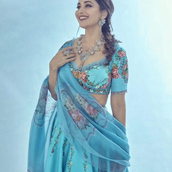 Digital Printed Designer Lehenga (Celebrity Inspired By Madhuri Dixit) - sky blue, upto 44" ,Flair:- 6 meter