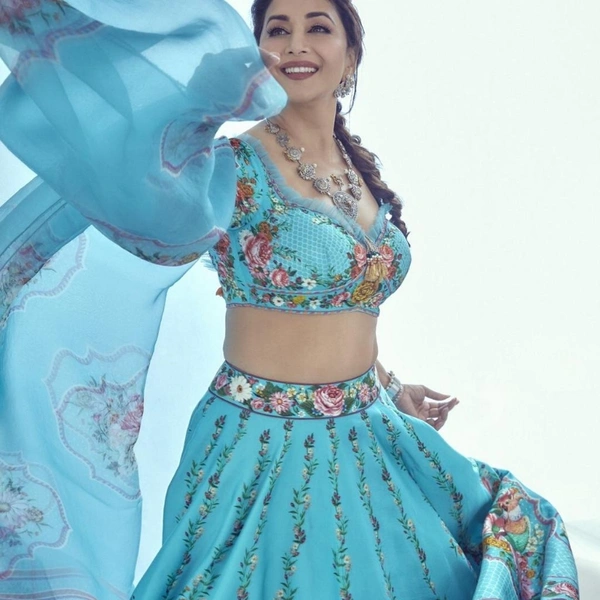 Digital Printed Designer Lehenga (Celebrity Inspired By Madhuri Dixit) - sky blue, upto 44" ,Flair:- 6 meter