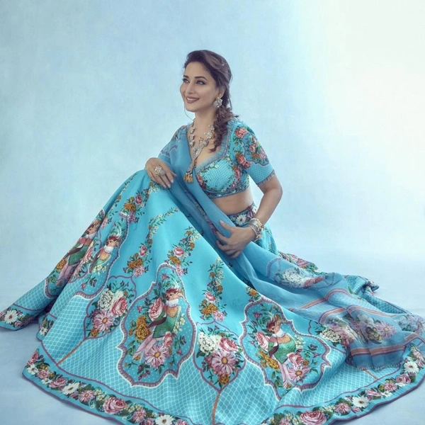 Digital Printed Designer Lehenga (Celebrity Inspired By Madhuri Dixit) - sky blue, upto 44" ,Flair:- 6 meter