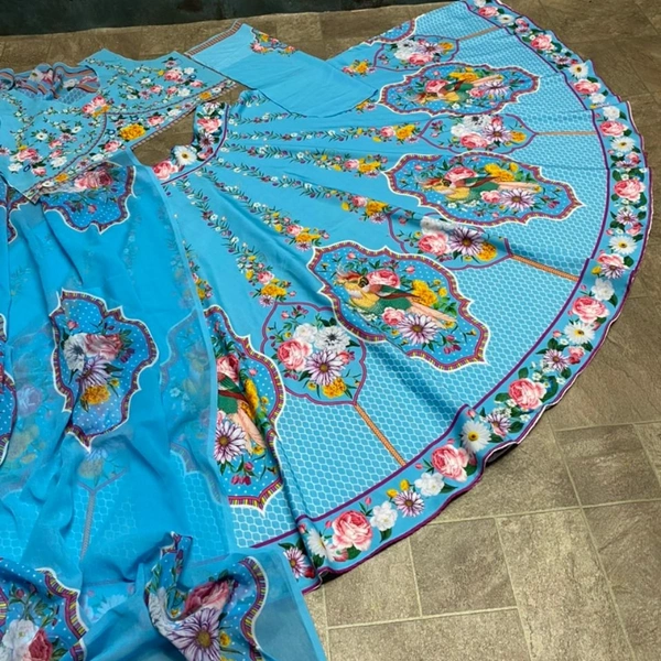 Digital Printed Designer Lehenga (Celebrity Inspired By Madhuri Dixit) - sky blue, upto 44" ,Flair:- 6 meter