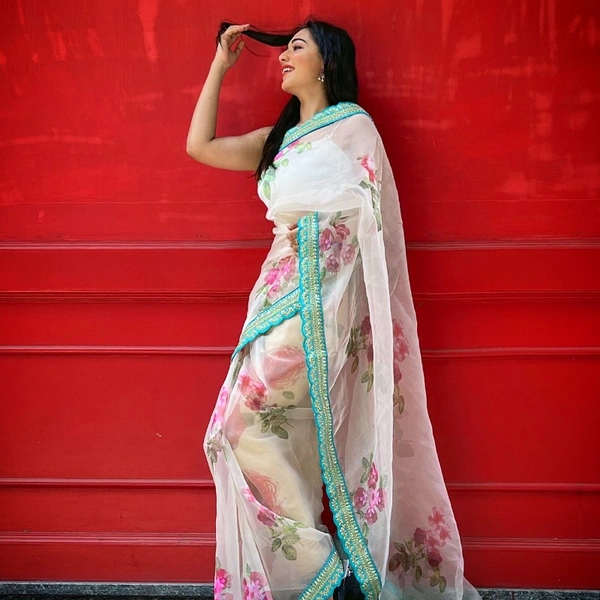 Pure Organza Digital Printed Saree - White with pista border, 5.5p mtrs
