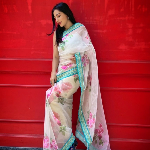 Pure Organza Digital Printed Saree - White with pista border, 5.5p mtrs