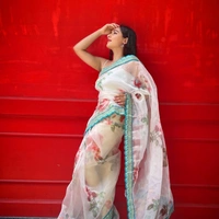 Pure Organza Digital Printed Saree - White with pista border, 5.5p mtrs