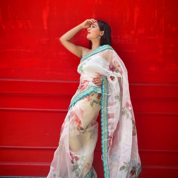Pure Organza Digital Printed Saree - White with pista border, 5.5p mtrs