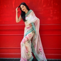 Pure Organza Digital Printed Saree - White with pista border, 5.5p mtrs