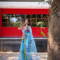 Pure Organza Digital Printed Saree - Light blue with Jari work border, 5.50 mtrs.