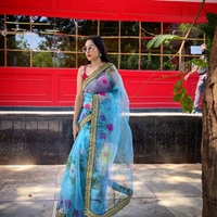 Pure Organza Digital Printed Saree - Light blue with Jari work border, 5.50 mtrs.