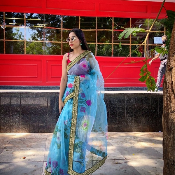 Pure Organza Digital Printed Saree - Light blue with Jari work border, 5.50 mtrs.