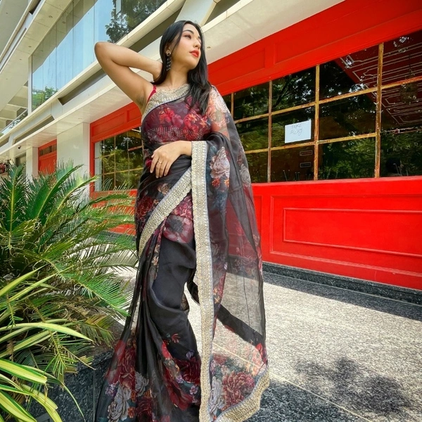 Pure Organza Digital Printed Saree - Red, 5.5 mtrs