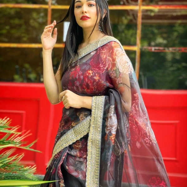 Pure Organza Digital Printed Saree - Red, 5.5 mtrs