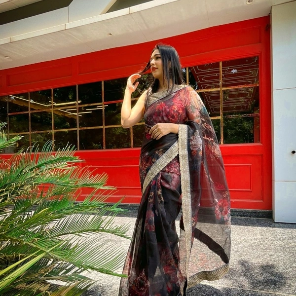 Pure Organza Digital Printed Saree - Red, 5.5 mtrs