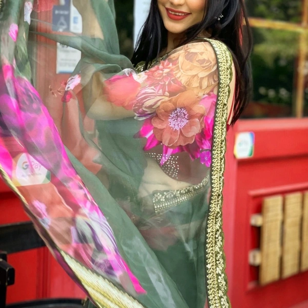 Pure Organza Digital Printed Saree - light green, 5.50 mtrs
