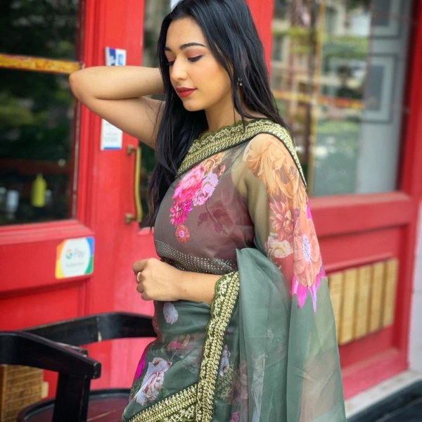 Pure Organza Digital Printed Saree - light green, 5.50 mtrs