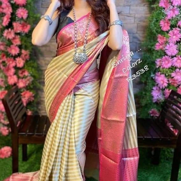 Jacquard Silk Saree - cream colour with light pink border, 5.5mtrs