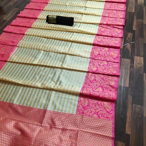 Jacquard Silk Saree - cream colour with light pink border, 5.5mtrs